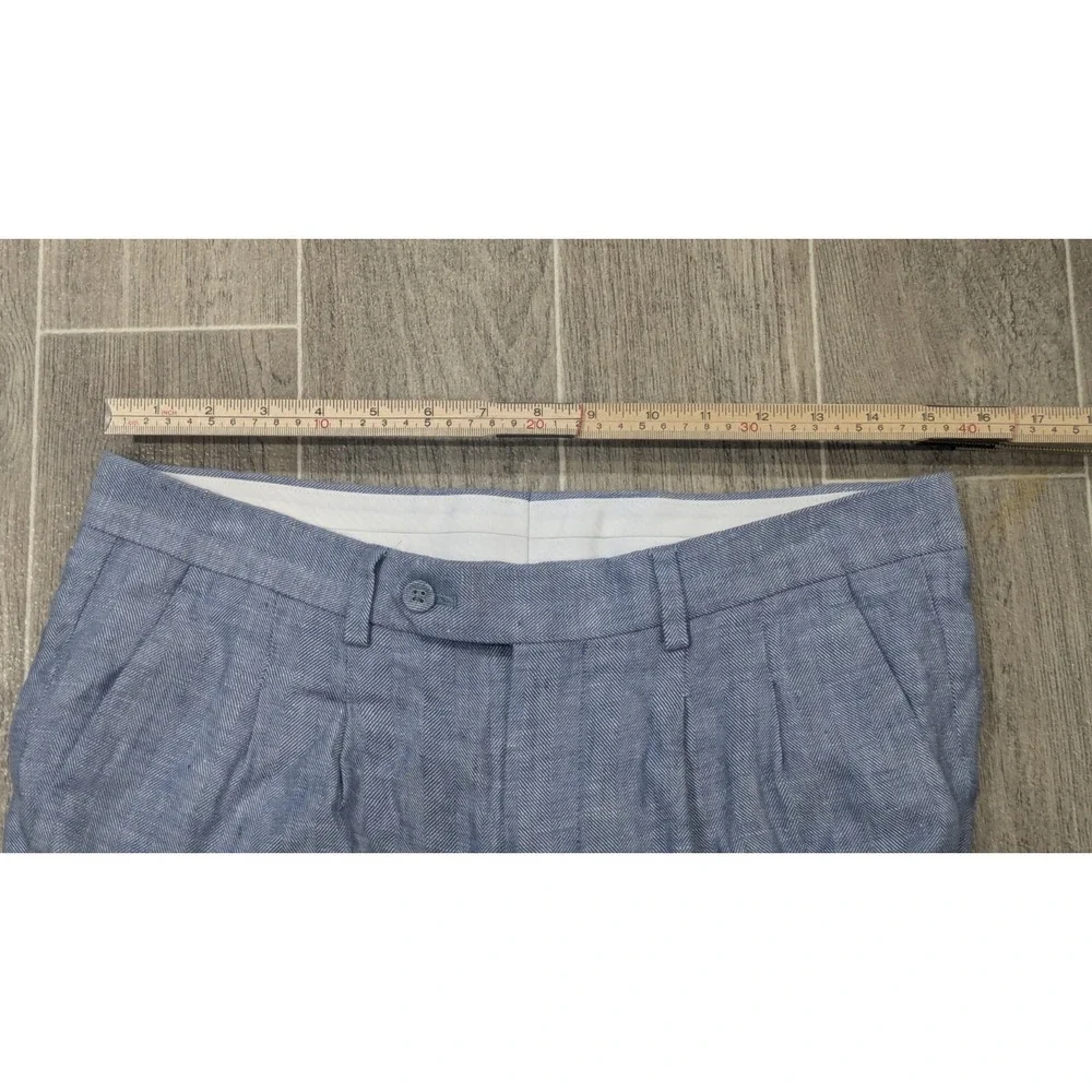 Express 100% Linen Chambray Herringbone Blue Pants Pleated Summer Mens 30x26